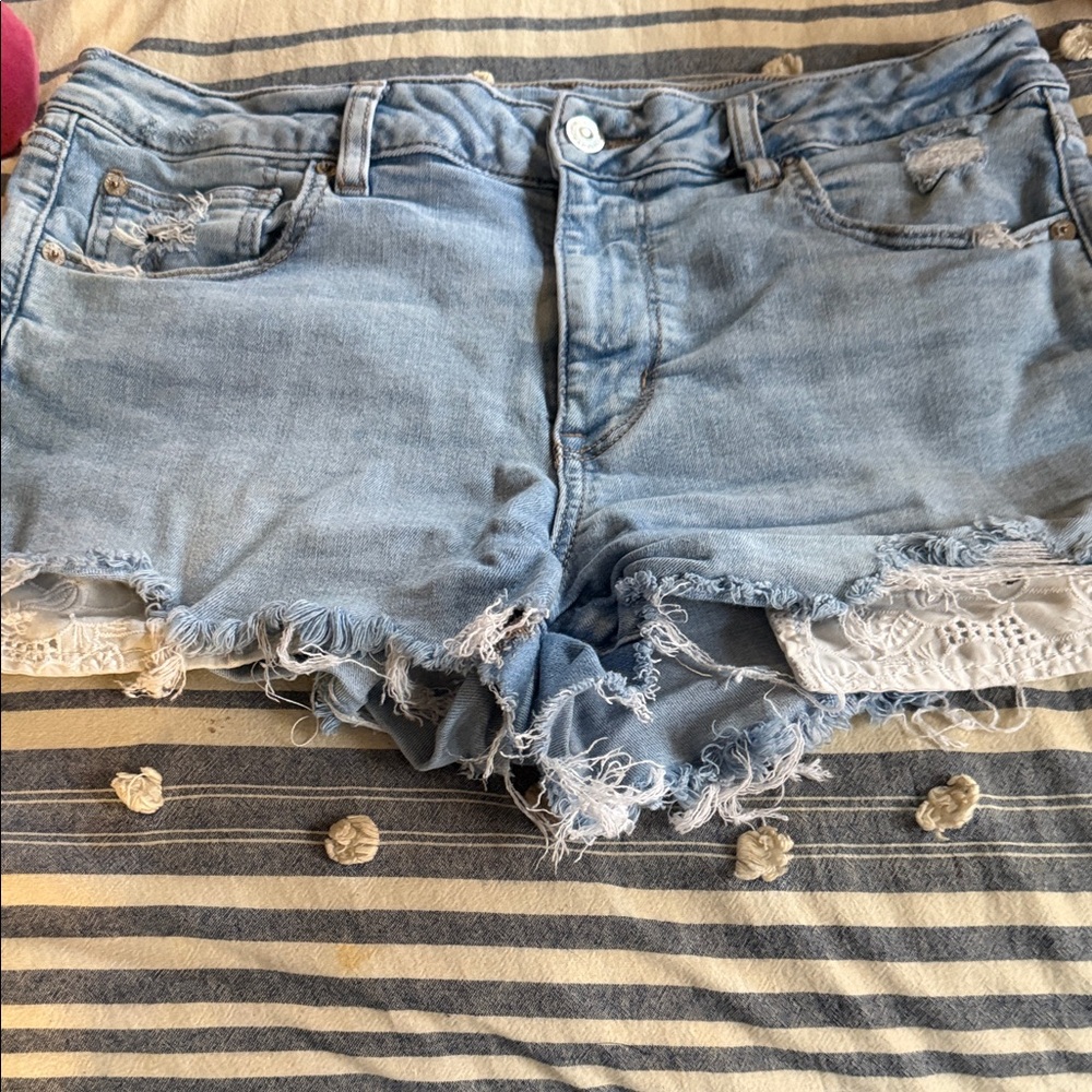American Eagle Outfitters Light Blue Distressed Denim Shorts with Lace Trim